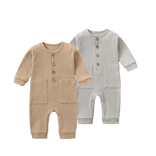 BeiVSlley Newborn Baby Boy Girl 2 Pack Button Solid Romper Infant Long sleeve Knit Cotton Footless Outfits Clothes