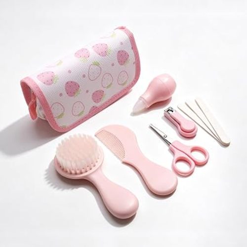 6‑in‑1 Baby Grooming Kit,Newborn Infant Care Set with Safety Nail Tools Hair Brush Comb Nasal Aspirator,Cute Strawberry Portable Storage Pouch for Toddler Baby Shower Gift,Pink