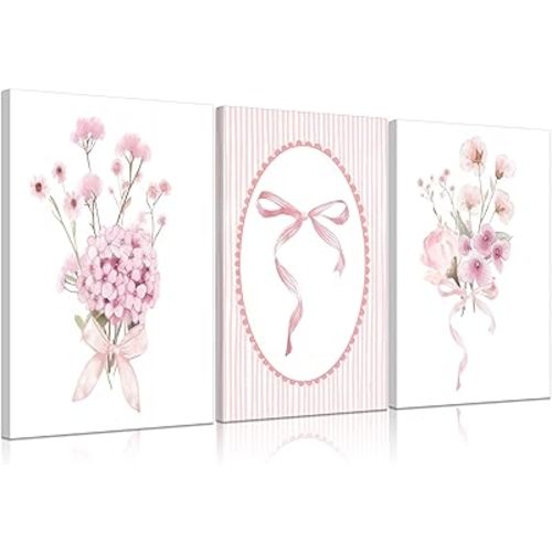 3Pcs Pink Nursery Flower Canvas Wall Art Floral Bow Wall Decor Cute Botanical Flower Pictures Coquette Aesthetic Poster Prints Girly Preppy Painting for Girls Bedroom Dorm Apartment Home 12x16in