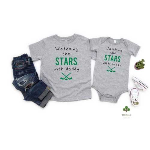 Watching the Game with Daddy Heather Gray Unisex Hockey Baby Game Day Bodysuit or Toddler T-Shirt, Sports Fan Gender Reveal Gift Idea