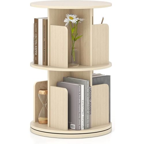 Giantex 2-Tier Rotating Bookshelf, 360° Display Rack w/Dividers & Anti-Falling Baffles, Multifunctional Narrow Floor Standing Bookcase, Book Storage Organizer for Living Room Bedroom, Natural