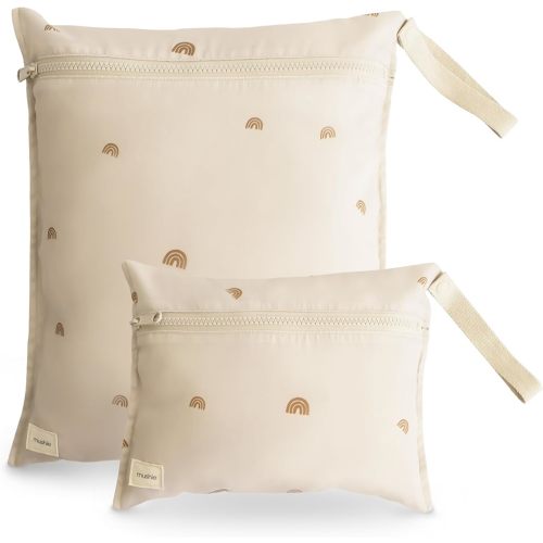 mushie Water Resistant Wet Bags | Large & Small Reusable Storage Bag for Baby Items and Travel | Zippered Pockets with Handle | Machine Washable, Set of 2 (Rainbows)