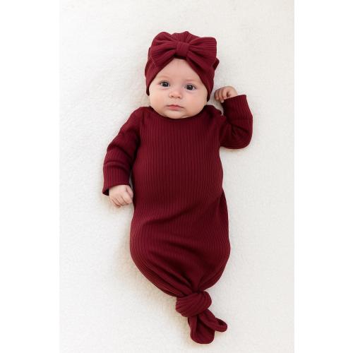 Merlot Red Infant Knotted Gown & Bow Hat Set – Baby Girl Coming Home Outfit