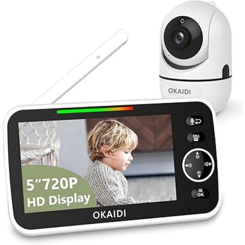 OKAIDI 720P HD Baby Monitor, 5 Inch Baby Monitor with Camera and Audio, 5000mAh Battery, Remote Pan-Tilt, 3X Zoom, 1000ft Baby Monitor NO WiFi, Night Vision, 2-Way Talk, Temperature, Lullabies