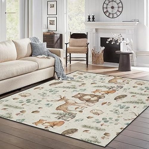 Area Rugs 5'x7' Washable Rug, Woodland Watercolor Forest Stain Resistant Non Slip Backing Animal Deer Carpet for Living Room Bedroom Dining Room