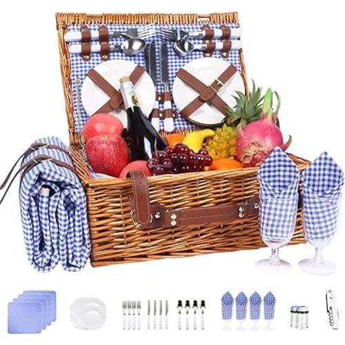 Neti Neti Wicker Picnic Basket for 4 with Insulated Cooler & Waterproof Blanket – Large Willow Picnic Hamper for Outdoor, Camping, Beach, Romantic Dates, Valentine’s Day
