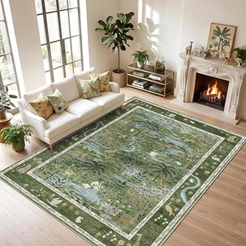 8x10 Washable Rug for Living Room Green Animal Print Large Bedroom Rugs Non Slip Forest Nursery Girls Room Throw Carpet Stain Resistant Whimsical Safari Area Rugs for Home Office, Green