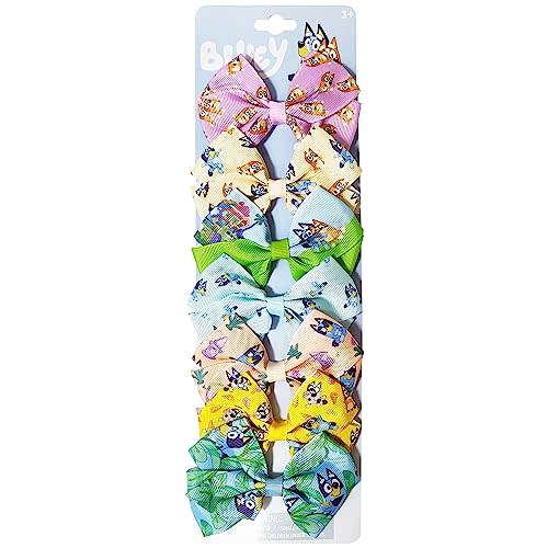 Bluey Kids Hair Bows - Hair Accessories Gift Set - Bluey Hair Bow - 7 Pcs 4 Inch Bow Bundle - HairBows for Girls - Different Bluey print on each clip - Alligator Clip - Ages 3 +
