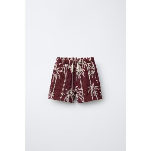 EMBROIDERED PALM TREE TEXTURED SHORTS - Maroon | ZARA United States