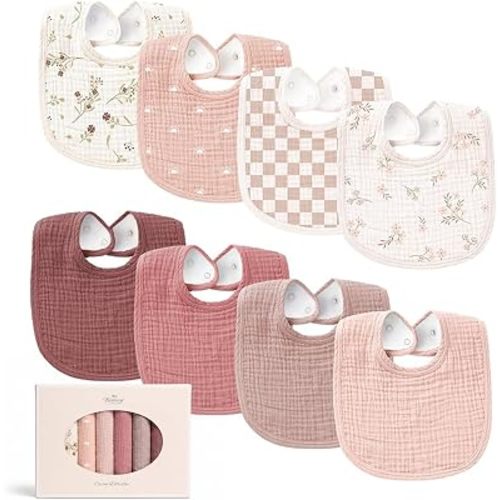 Konssy 8-Pack Muslin Baby Bibs, Adjustable Fit for Drooling and Teething