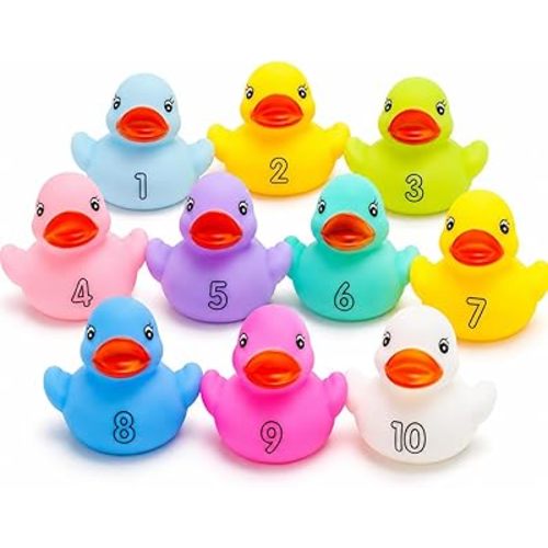 10 Pack: Numbers Counting Rubber Ducks Colorful Bath Toys - 1, 2, 3 Learn to Count Numeracy Early Learning Educational Bathtime Squeak Duckies Bathtub Set for Kids, Toddlers