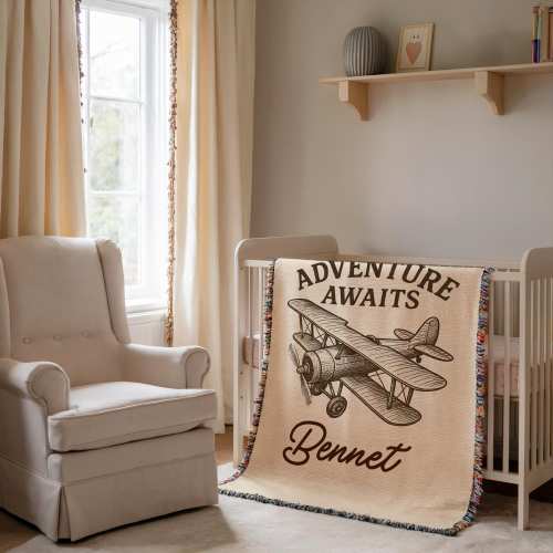 Personalized Airplane Baby Blanket – Custom Vintage Plane Nursery Throw for Boys