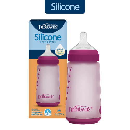 Dr. Brown's Silicone Baby Bottle with Collapsible Insert Designed to Reduce Colic, 9 oz with Wide-Neck Level 2 Medium Flow Nipple, BPA-Free, 3m+, Pink, 1-Pack