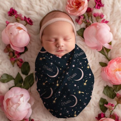 Baby Girl Moons & Stars Personalized Swaddle Set, Custom Name Celestial Headband / Bow Hat, Cosmic Navy Newborn Outfit, Pink Shower Present