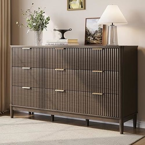 LINSY HOME Fluted Dresser for Bedroom with 9 Drawers, 58" Wide Mid Century Modern Dresser, Tall Boho Chest of Drawers, Large Wood Accent Storage Cabinet for Living Room, Curved Profile Design, Walnut