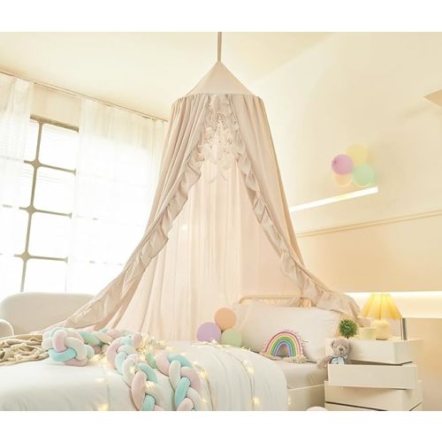 Mengersi Bed Canopy for Girls,Ruffled Canopy Bed Curtains Kids Canopy for Girls Room,Hanging Canopy Princess Play Tent for Reading Nook Play Room Decor (Ivory)
