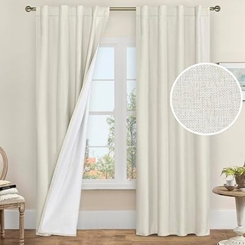LAMIT Ivory 100% Blackout Linen Curtains 84 Inches Long, Linen Textured Living Room Farmhouse Curtains Full Room Darkening Back Tab and Rod Pocket Panels with White Liner, 2 Panels, 38 x 84 Inch