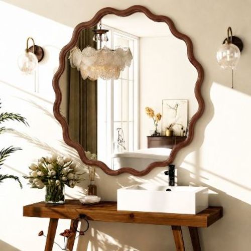 BEAUTYPEAK 30" x 30" Wavy Round Bathroom Mirror Wall Decor with Wooden Frame, Walnut