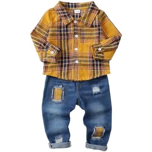 NZRVAWS Toddler Baby Boy Clothes Infant Plaid Pocket Shirt Denim Ripped Jean Pants Outfits Set 6-24 Months 2-5T