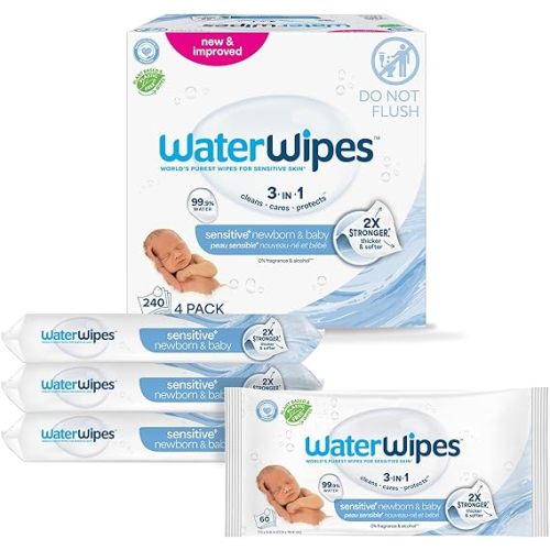 WaterWipes Plastic-Free Original Baby Wipes, 99.9% Water Based Wipes, Unscented & Hypoallergenic for Sensitive Skin, 240 Count (4 packs), Packaging May Vary