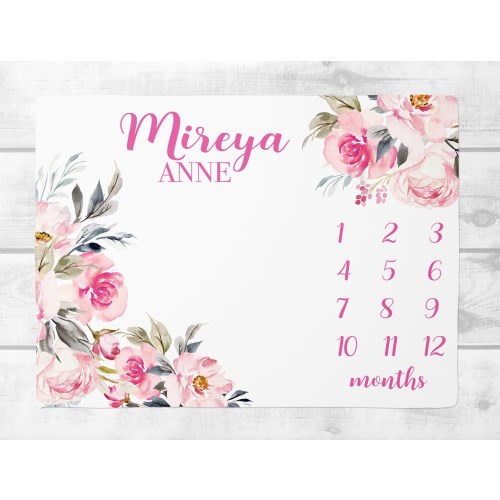 Baby Girl Milestone Blanket, Pink  Floral Baby Month Milestone Blanket, Personalized Baby Shower Gift, Track Growth and Age, New Mom Gift