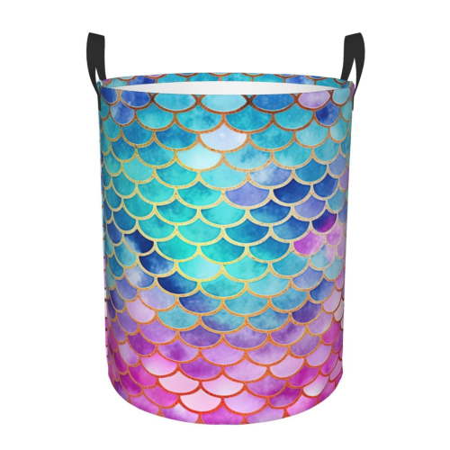 PHELIKA Colorful Mermaid Scales 01 Laundry Hamper Waterproof Foldable Oxford Fabric Organizer Large Storage Bins For Dirty Clothes Round Baby Laundry Basket Toy Organizer Baskets