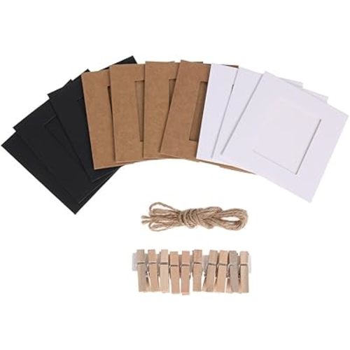 AKOAK 30Pcs DIY Kraft Paper Cardboard Photo Frame with Wooden Clips and String,White/Black/Brown Three Colors and Each Color 10 Pcs,Great for Home Decor (2" x 3")