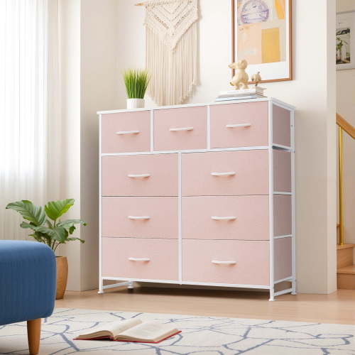 Beddle Dresser with 9 Fabric Drawers for Bedroom, Wide Storage Chest with Drawer Organizer for Closet or Living Room, Pink