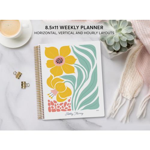 2026 2027 8.5x11 weekly planner - custom start month - 12 month calendar - LARGE WEEKLY PLANNER - Artful Flowers Daffodil - No Tariffs