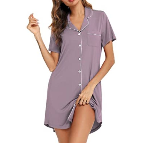 Leikar Nightgowns For Women Button Down Pajamas Dress Short Sleeve Sleepwear S-XXL