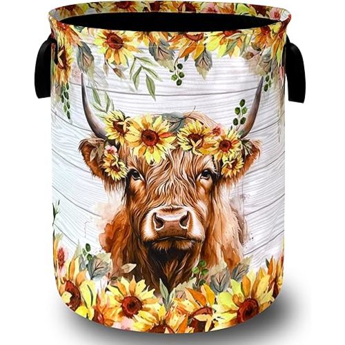 Sunflower Highland Cow Laundry Basket Foldable With Handles Tote Bag Oxford Cloth Funny Animal Laundry Hamper Clothes Storage Bucket Toy Organizer 18.9"x16.5" For Bathroom/Laundry/Bedroom
