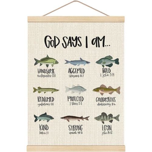 HKTZM Christian Bible Scripture God Says I am Fishing Wooden Poster Hangers 12.5x17 Inch,Home Kids Room Nursery Playroom Decor,Fishing Gifts for Kids Girls Boys,Christian Gifts for Women Teen Girls