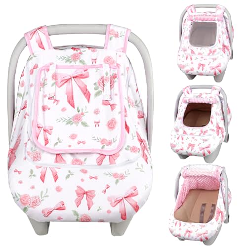Car Seat Cover Baby Girls Winter, Dual Zipper Infant Carseat Covers with Breathable Mesh, Universal & Warm Protection Canopy Snug Fit Baby Carseats & Strollers, Pink Rose