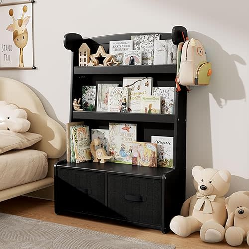 Bamboo Kids Bookshelf with 2 Toy Storage Bins, 3-Tier Toddler Bookcase with Toy Organizer, Montessori Book Shelf for Kids Room, Nursery, Bedroom, Playroom, Black