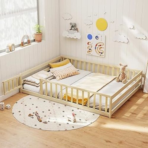 KOMFOTT Full Size Wood Floor Bed with Door & Fence, Natural