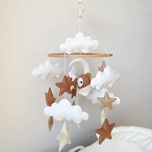 Neutral Crib Mobile with Sleeping Bear Baby Mobile for Crib Handmade Felt Mobile Nursery Decor Baby Crib Mobile
