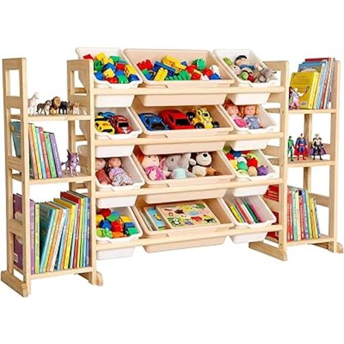 Kids Toy Storage Organizer, 51" W White 6-Shelf Bookcase with 12 Bins, Cubby Unit for Toddler Playroom & Bedroom Organization
