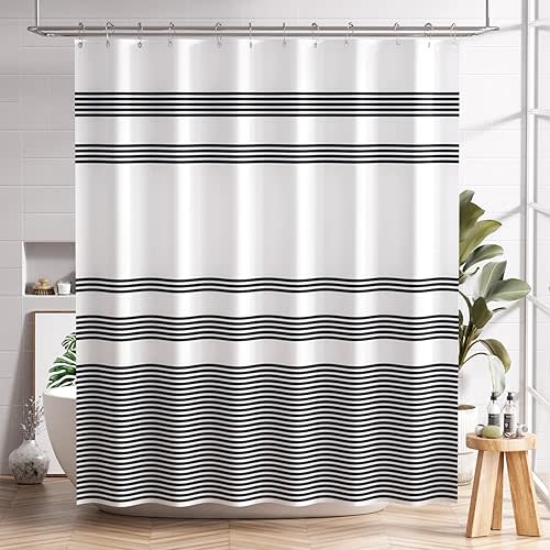 AmazerBath Shower Curtain, Washable Cloth Black Shower Curtain Sets with 12 Shower Curtain Hooks, Fabric Rustic Black and White Striped Curtain, Farmhouse Bathroom Curtains, 72x72 Inches