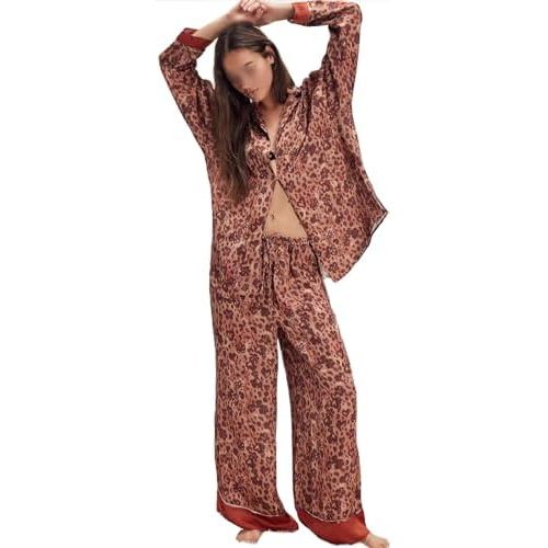 Women Satin Pajama Set Floral Silk Pajamas 2 Piece Lounge Sets Button Down Shirts Wide Leg Pants Pjs Sleepwear