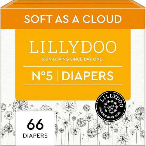 LILLYDOO Baby Diapers - Size 5 (24+ lbs), 66 Count, Leak Protection, Skin-Friendly, Ultrasoft, Perfume- & Chlorine-Free, Hypoallergenic, Dermatologist Tested, Oeko-TEX®