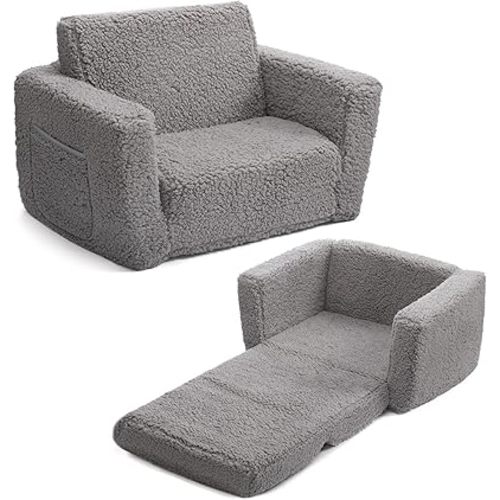 ALIMORDEN 2-in-1 Flip Out Cuddly Sherpa Toddler Couch, Convertible Sofa to Lounger, Grey
