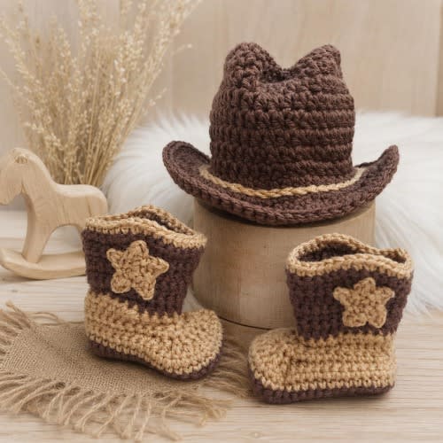 Handmade Crochet Baby Cowboy Hat & Booties – Made to Order