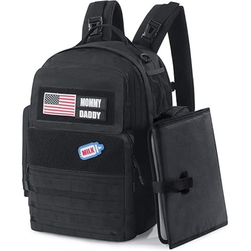 MABOZOO Black Military Dad Diaper Bag Backpack with Waterproof Changing Pad,Molle Style Mens Diaper Bag for Travel,Large Baby Backpack Bag with Insulated Bottle Holders