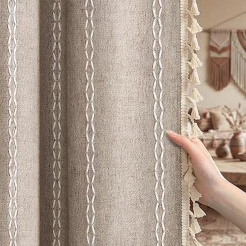Brown Boho Blackout Curtains 2 Panels 84 Inch for Living Room Bedroom, Warm Taupe Linen Texture Farmhouse Curtains with Tassels and White Cotton Embroidery Vintage Rustic Country Western