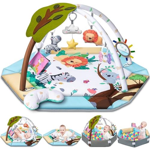 Baby Gym Play Mat, 8-in-1 Tummy Time Mat & Ball Pit with 6 Toys, Washable Baby Activity Play Mat for Visual, Hearing, Sensory, Motor Development, Baby Toys Toddler Infant 0-3-6-9-12 Months