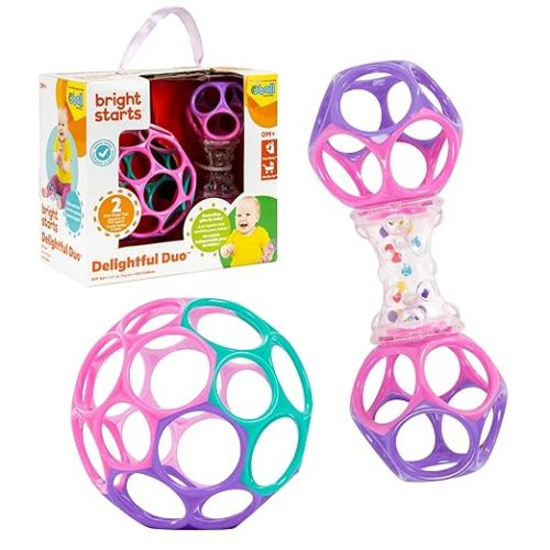 Bright Starts Delightful Duo 2-Pack Gift Set with Easy-Grasp Oball Rattles, Pink, Baby Toys for Newborn and Up