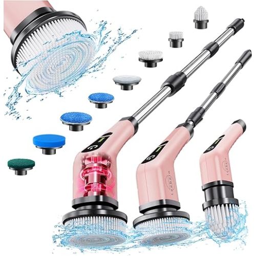 Leebein Electric Spin Scrubber, Cordless Powerful Scrub Brush for Cleaning Bathroom, Kitchen, Shower Tub and Floor Tile with Adjustable Extension Long Handle and 8 Replaceable Brush Heads(Rose)