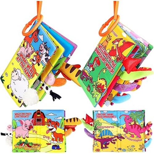 Soft Baby Books for 0-18 Months, 2PCS Crinkle Cloth Book - Dinosaur and Farm Themes, Tummy Time Toys for Infants 0-6-12-18 Months, Sensory Books for Babies, Ideal Christmas