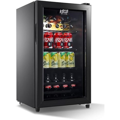 Beverage Refrigerator 120 Can Freestanding Beverage Cooler with Adjustable Shelving Glass Door for Beer Soda or Wine Perfect for Home Office or Bar Black (KB03-FLB-60)