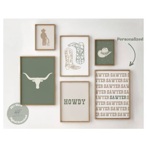 Cowboy Nursery Prints Set of 6 Gallery Wall Art, Boys Green Nursery Decor, Western Room Decor, Rustic Nursery, Rodeo Baby Printable Wall Art